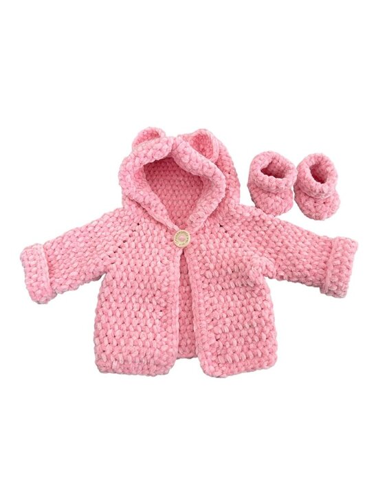 Handmade Other - Handmade Pink Chenille Newborn Baby Hoodie & Booties Set Bear Ears Soft Plush